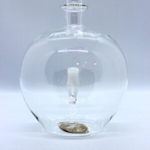 Motivflasche mit Backenzahn 500 ml Eine leere bauchige Flasche aus Glas mit einem aus Glas geblasenen Zahn im Inneren.