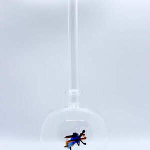 Eine leere bauchige Flasche aus Glas mit einem aus Glas geblasenen Doppeldecker im Inneren.