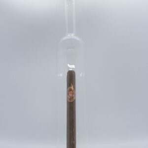 Eine leere längliche Flasche aus Glas mit Zigarre im Inneren.