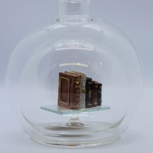 Magicflasche Bücher 200 ml Eine leere bauchige Flasche aus Glas mit Büchern im Inneren.